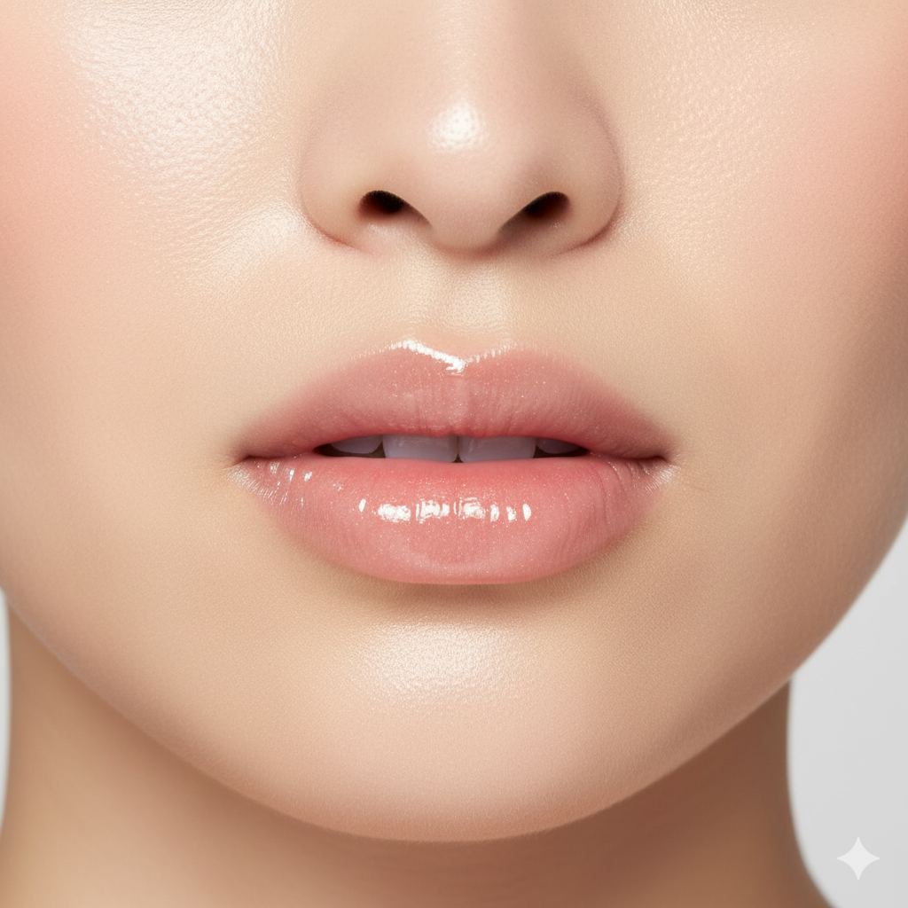 Lips with peach lipstick and soft blush.