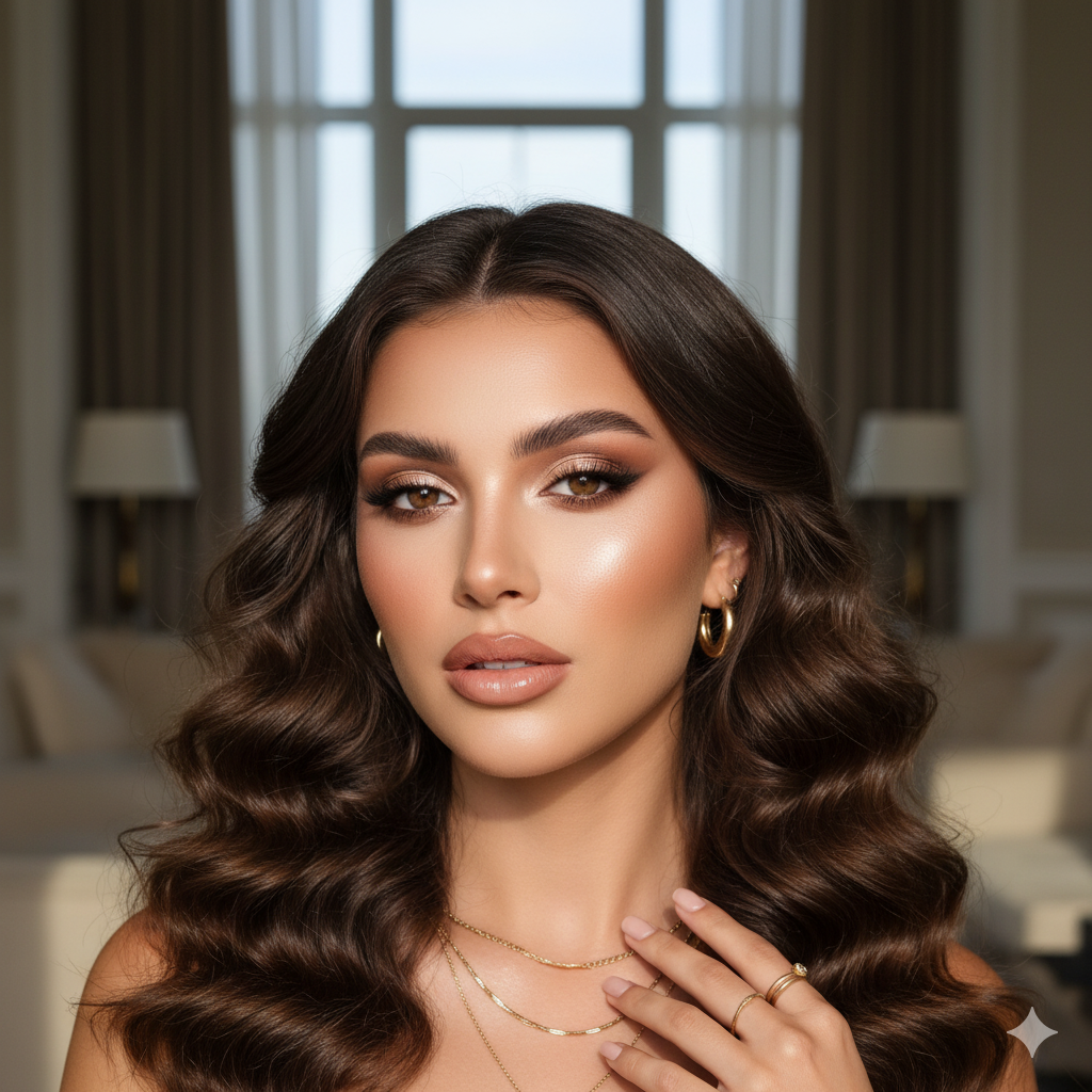 Dewy foundation and radiant complexion in natural light.