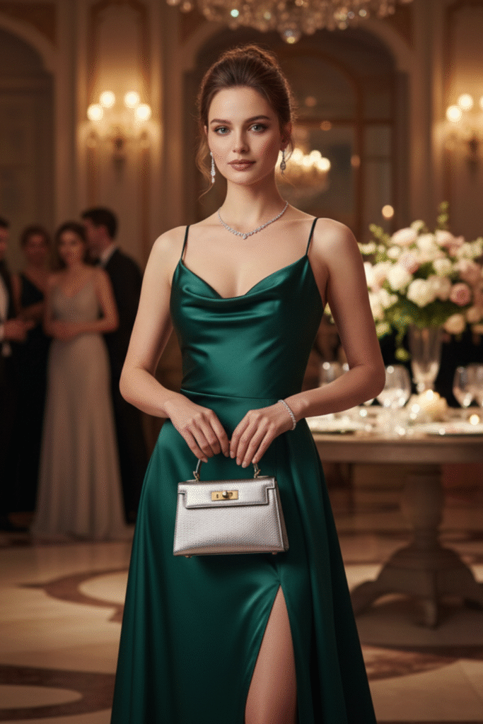 White designer handbag held by model.