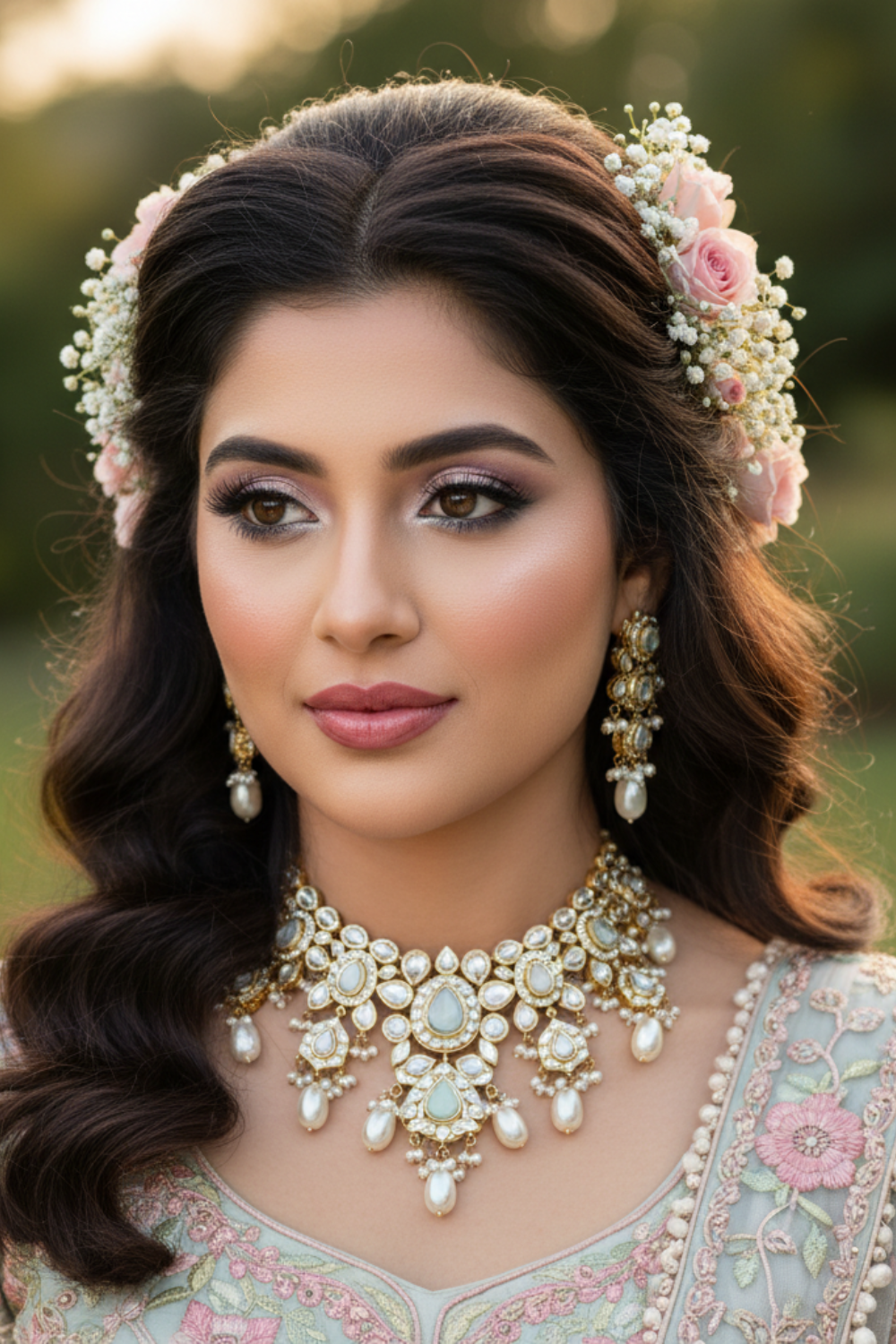 South Asian bride with bronze eye makeup and matte foundation.
