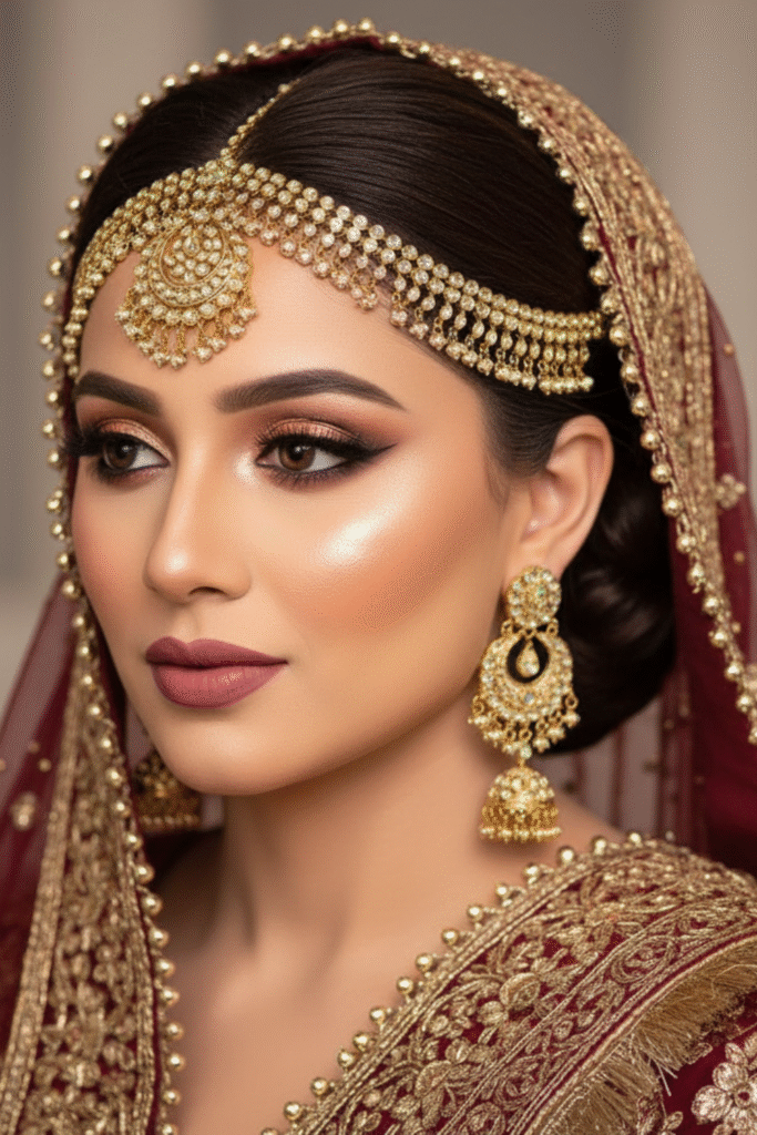 Asian bride wearing gold eye makeup, bold liner, and red lipstick.