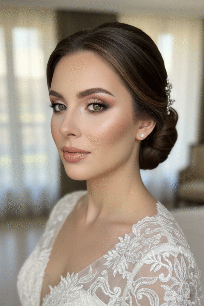 European bride and close-up of glossy nude bridal lips.