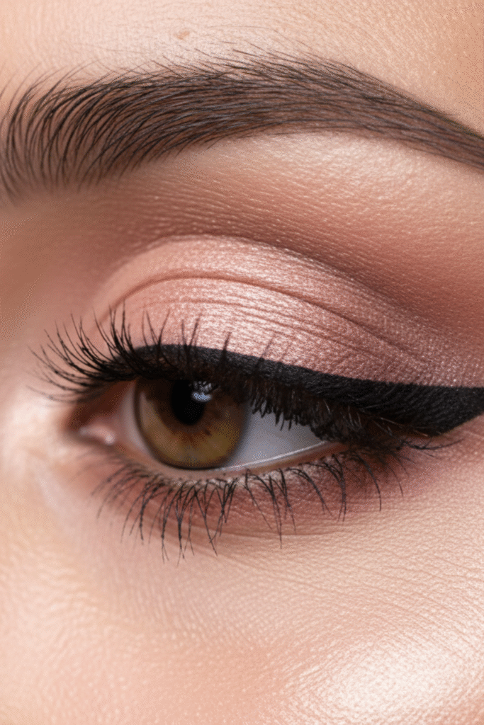 Close-up of fusion bridal makeup with rose-gold eyeshadow.