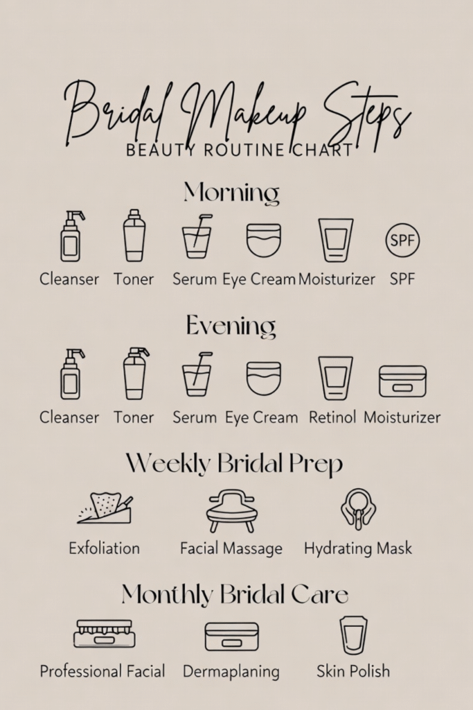 Minimal beige poster of bridal makeup and Asian bridal makeup with icons showing matte base, sharp contour, smoky eyes, dewy base, gradient eyes, and natural lips.