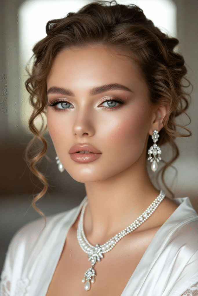 European bride with soft glam makeup, nude lips, and shimmer eyeshadow.