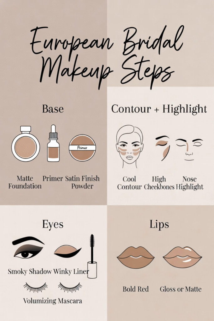 Minimal beige poster showing European bridal makeup steps with icons for matte base, cool contour, smoky eye shadow, winged liner, false lashes, and bold lips.