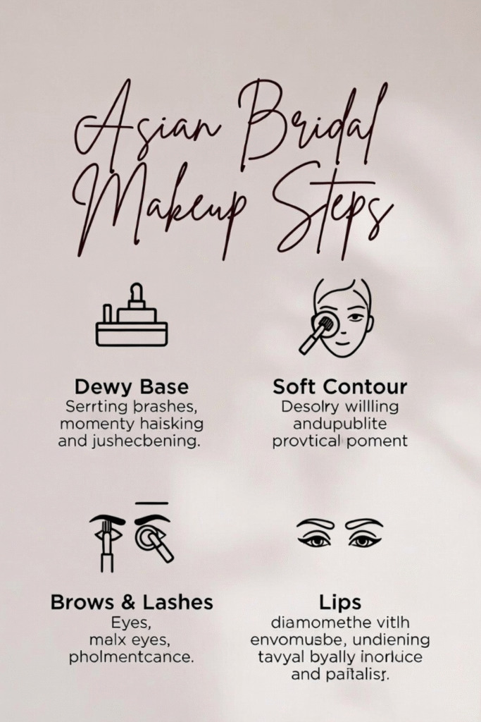 Minimal beige poster showing Asian bridal makeup steps with icons for dewy foundation, soft contour, gradient eyes, straight brows, lash extensions, and natural gradient lips.