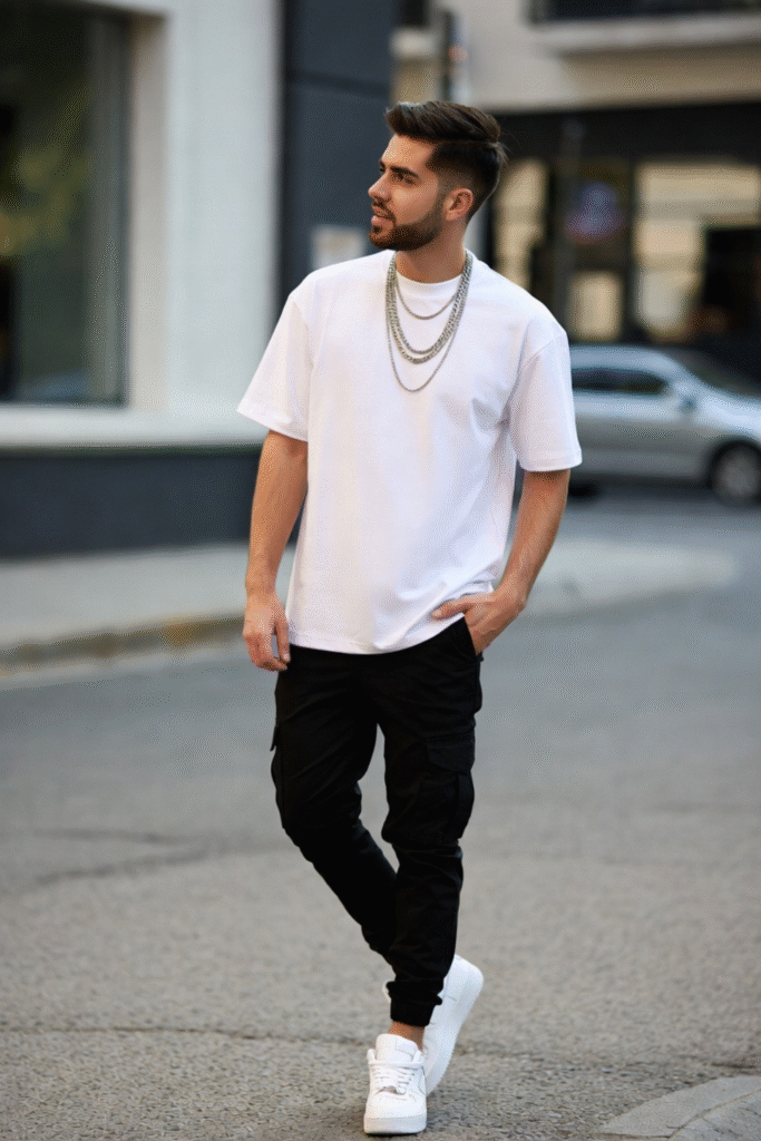 Man wearing modern minimalist streetwear outfit