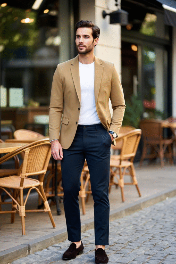 Smart casual men’s outfit with beige blazer