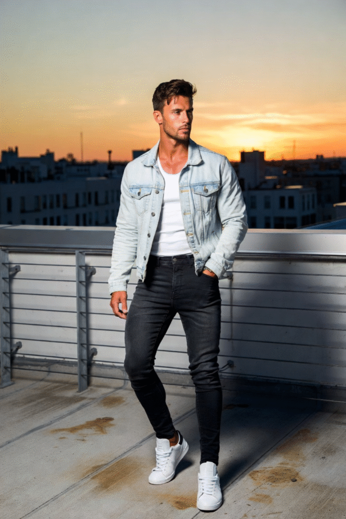 Man in layered denim jacket and jeans
