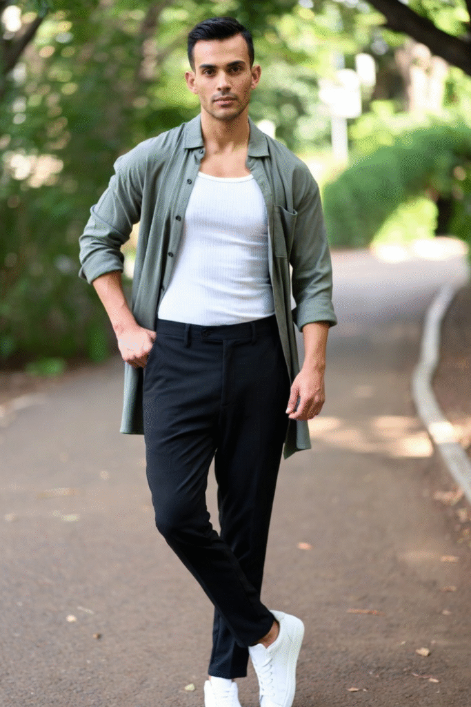 Green overshirt styled with trousers