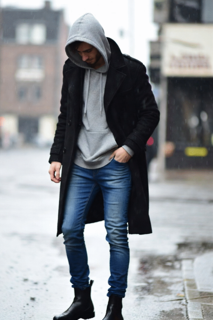 Man layering hoodie under black coat