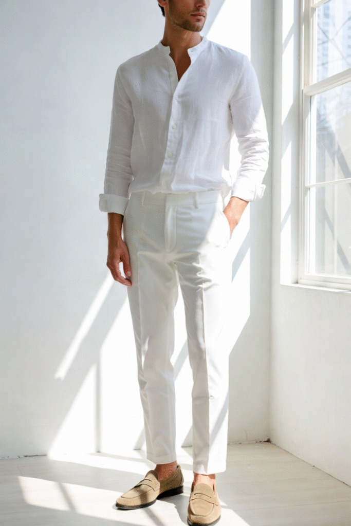 White shirt with white chinos