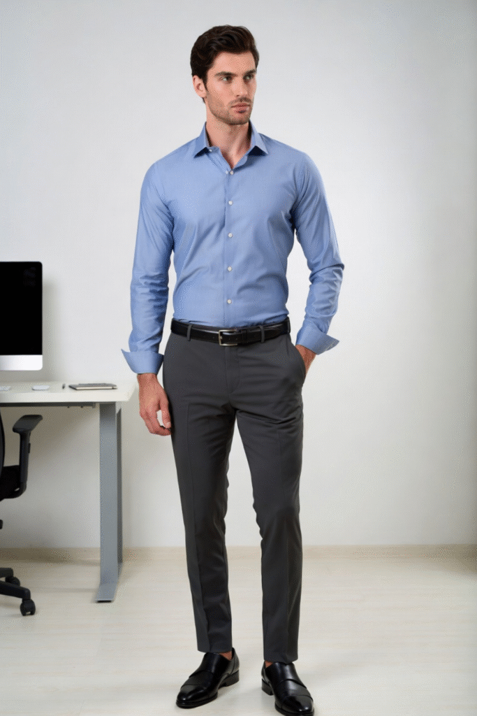 Light blue shirt with tailored trousers
