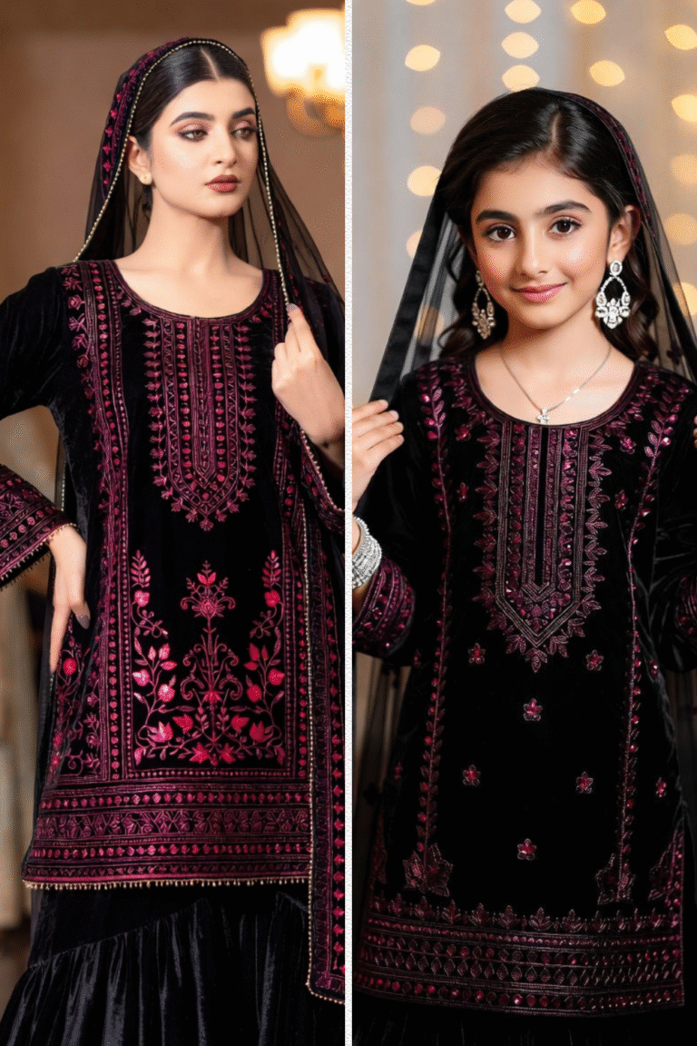 Girls wearing an elegant black fancy dress designed for modern party wear.