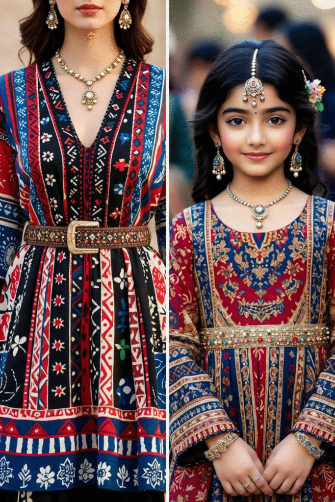 Girls wearing a traditional cultural dress with decorative detailing.