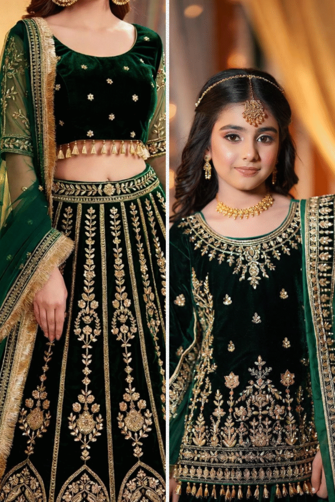 Girls wearing a premium green velvet dress perfect for winter parties.