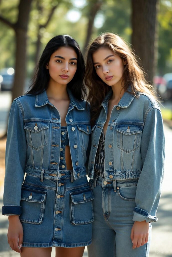 90s fashion trends featuring high-waisted denim jeans and jackets
