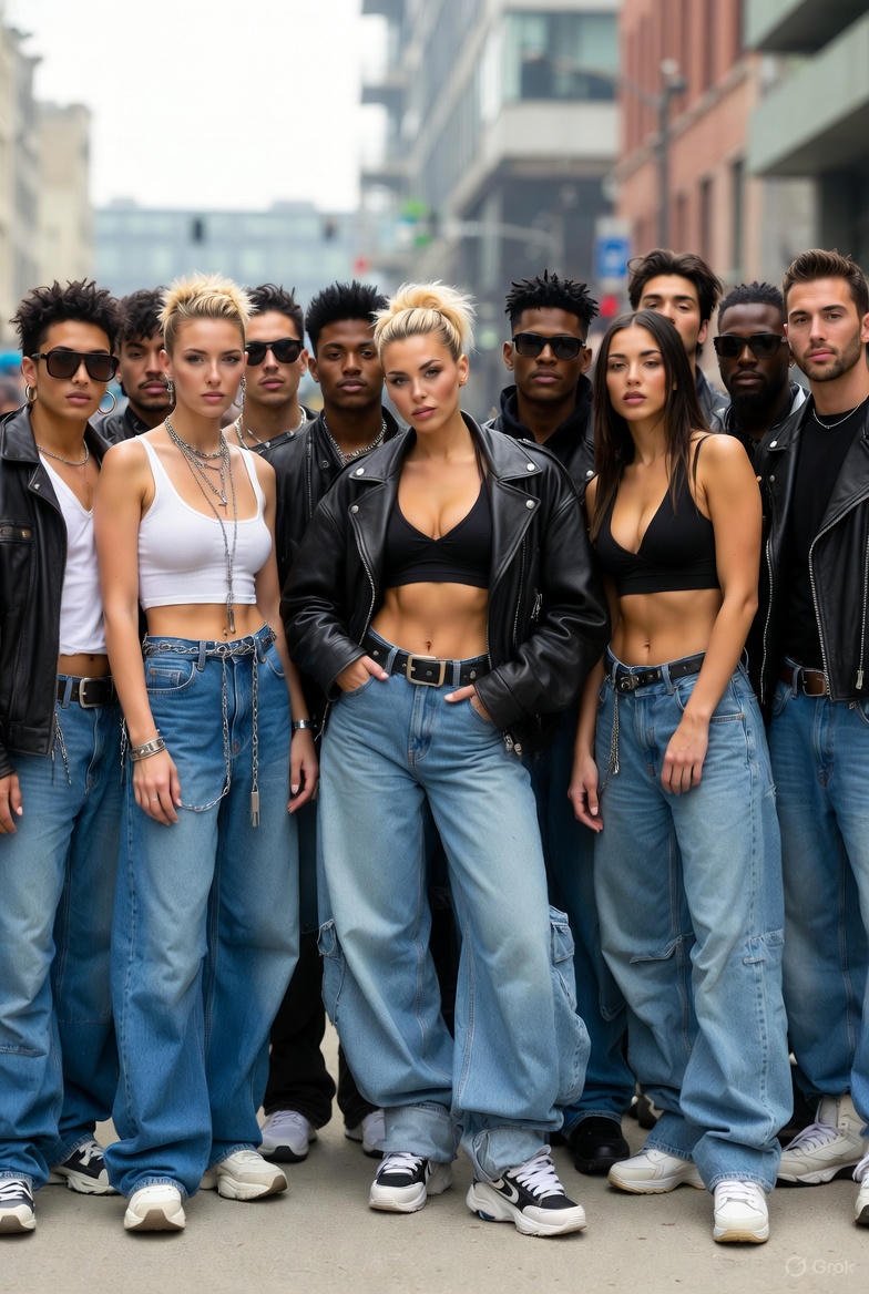 Iconic 90s fashion trends featuring oversized denim and street style outfits
