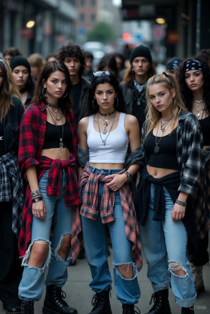 Grunge-inspired 90s fashion trends with flannel shirts and ripped jeans