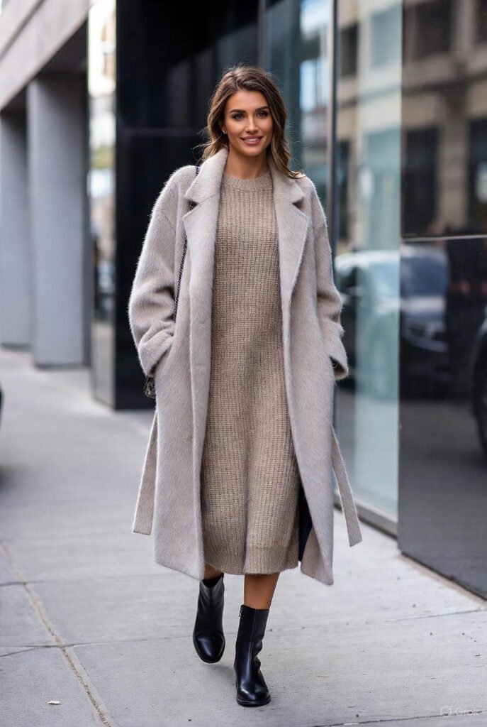 winter outfit ideas for ladies with knit dress and ankle boots