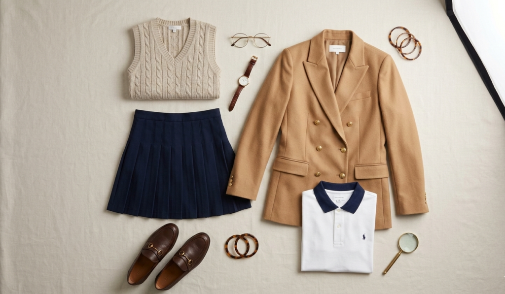 Preppy wardrobe essentials including blazer and loafers