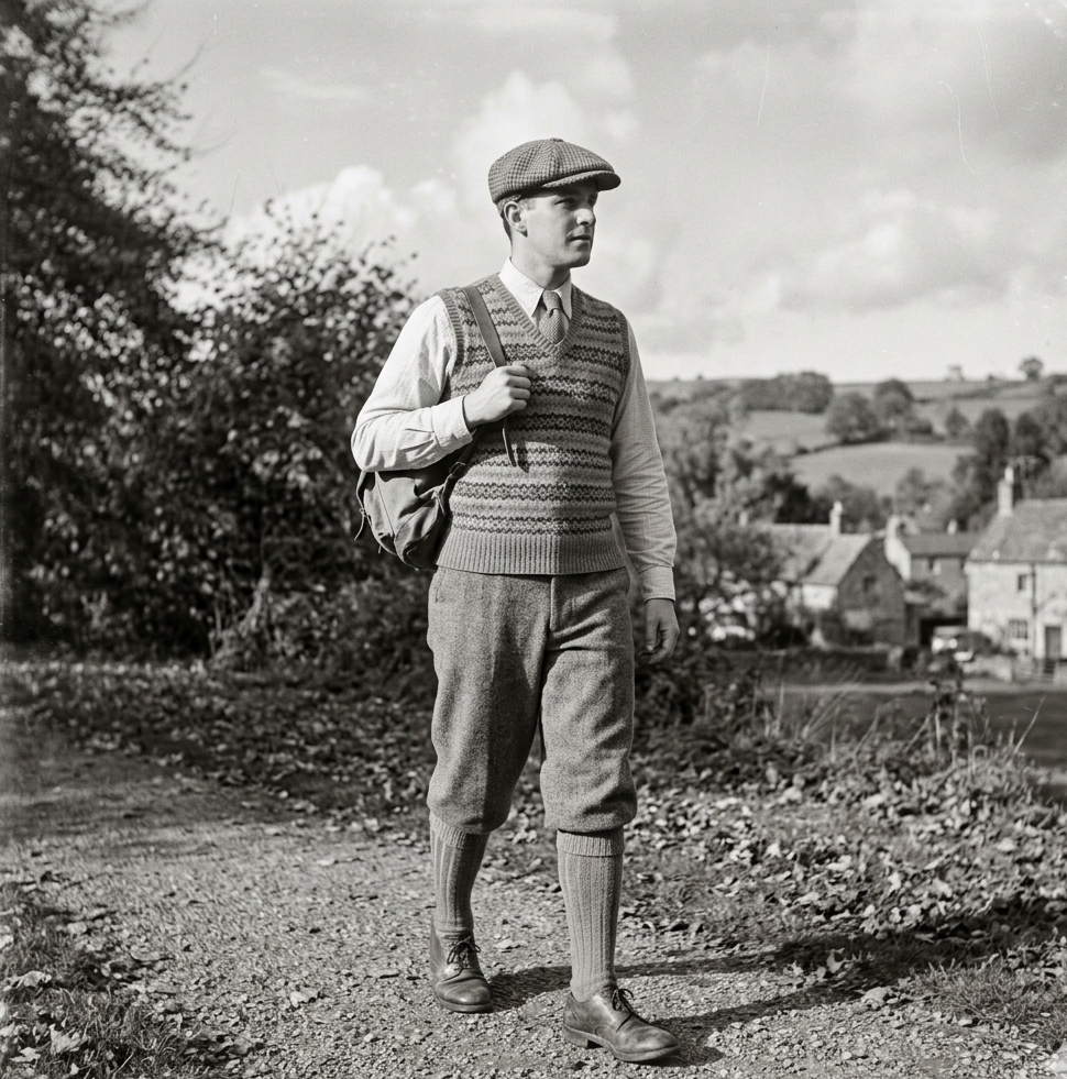 1920s casual mens fashion with sweater and knickerbockers