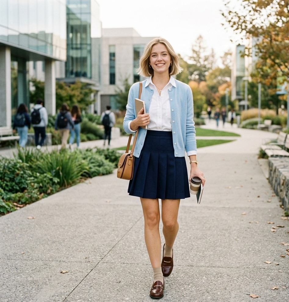 Women's preppy outfit with pleated skirt and cardigan