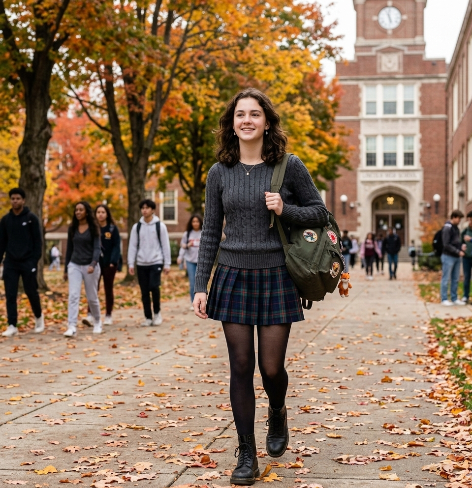 Plaid skirt and sweater fall school outfit for teen girls