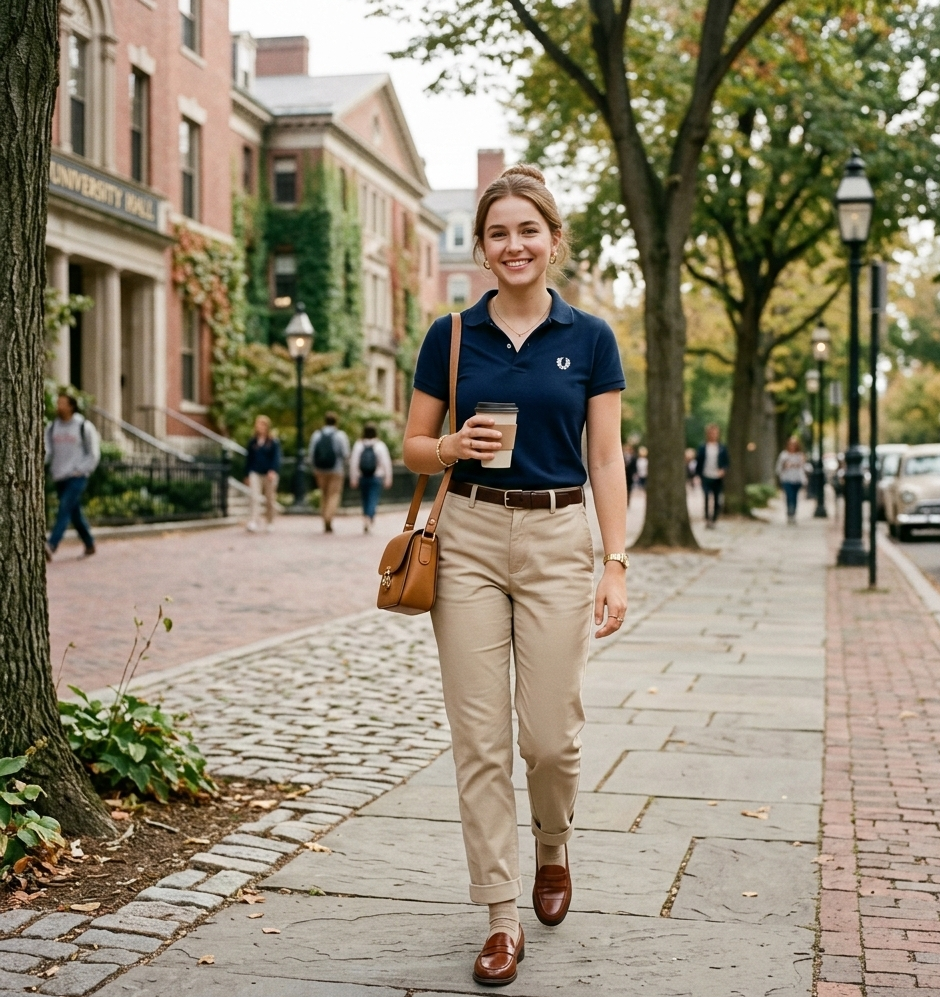 Casual preppy outfit with polo shirt and chinos