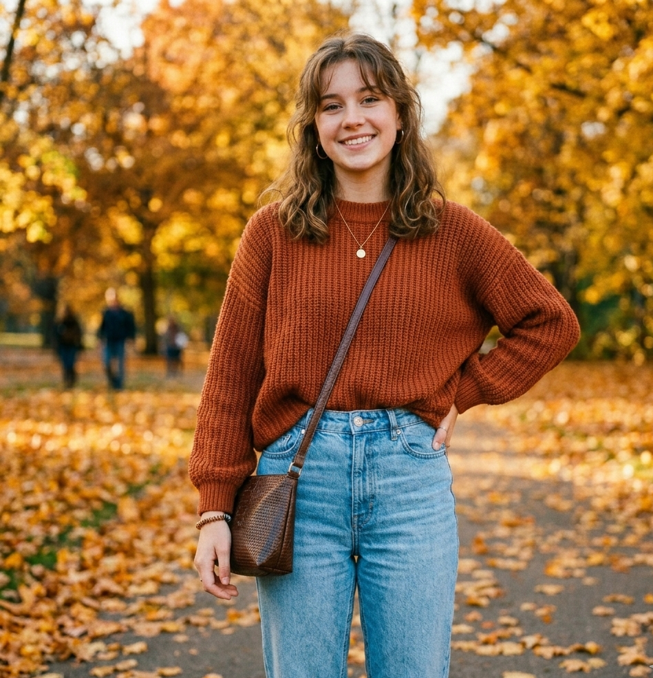 Oversized sweater and mom jeans fall outfit for girls