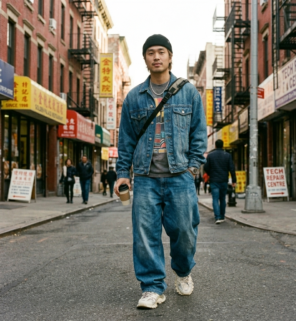 denim on denim Y2K outfit men