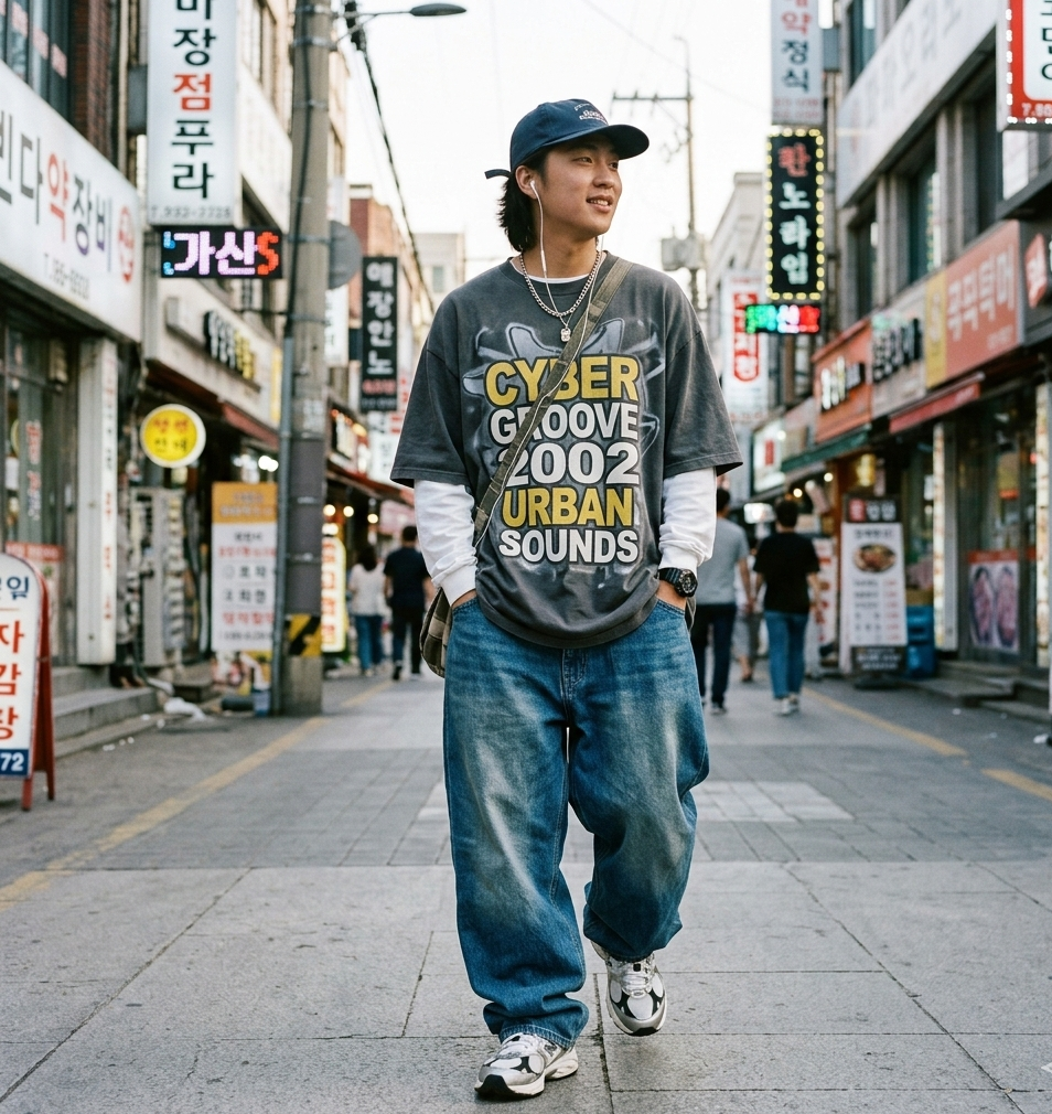 baggy jeans and graphic tee Y2K outfit for men