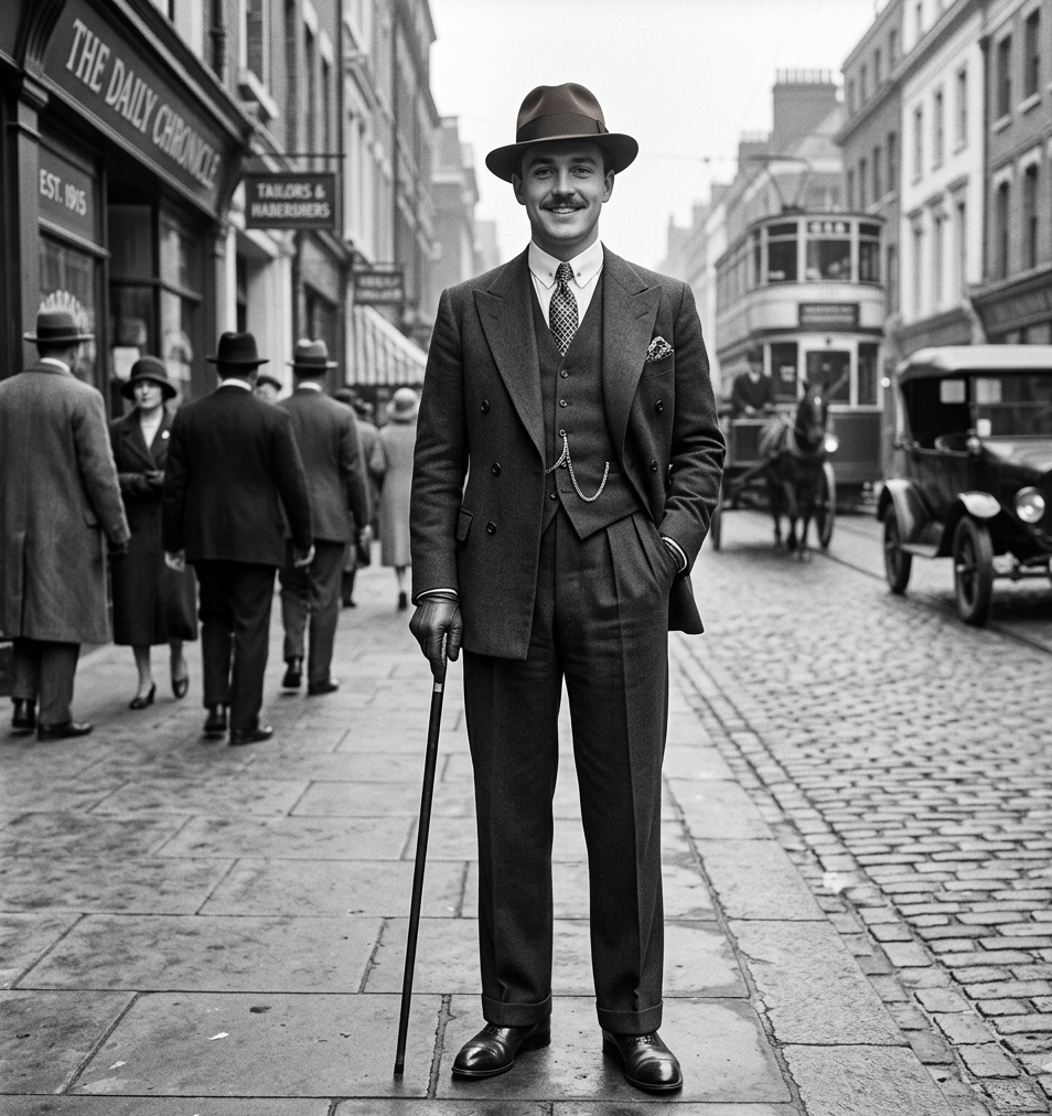 1920s mens tailored suit with vest and high waisted trousers