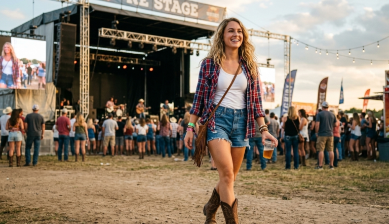 country concert outfit with denim shorts and cowboy boots