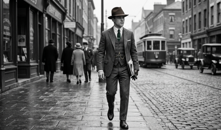 1920s mens fashion three piece suit with fedora hat