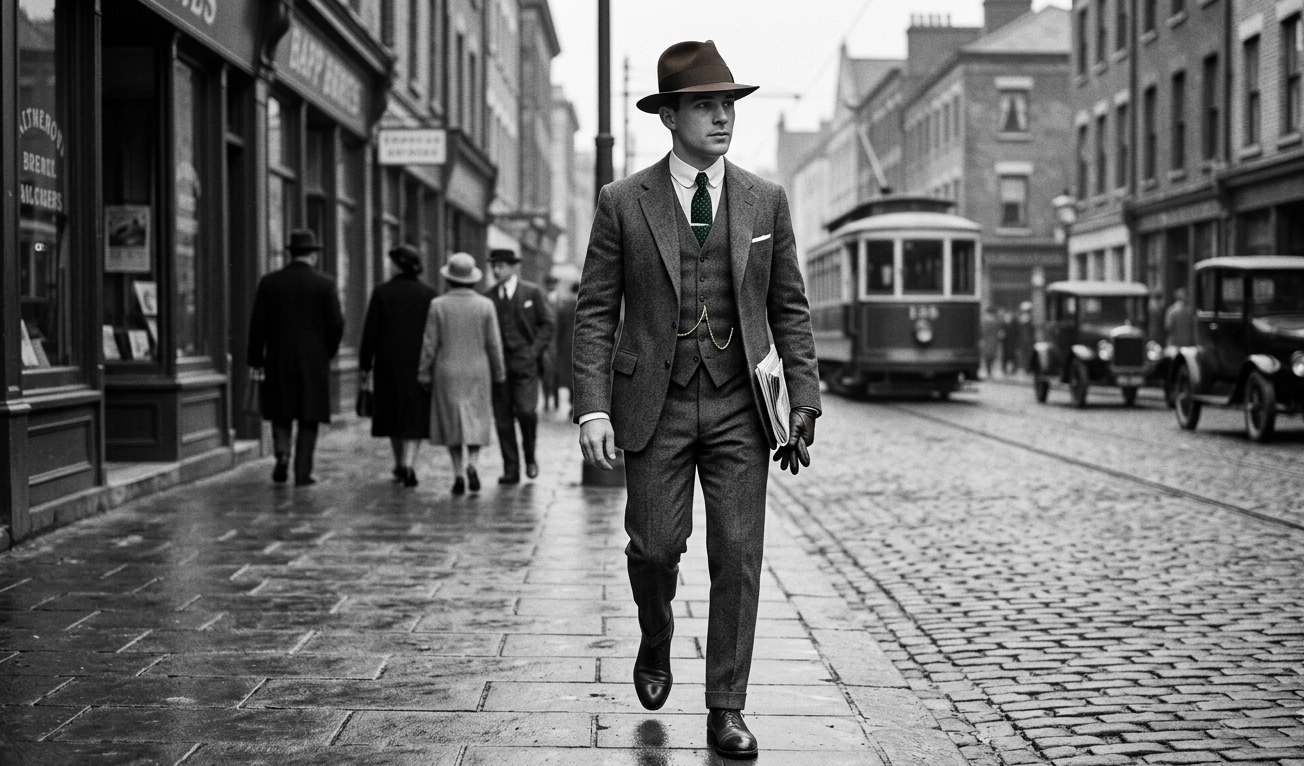 1920s mens fashion three piece suit with fedora hat