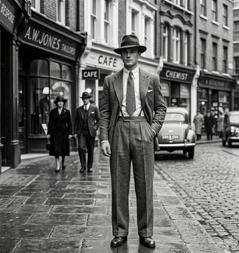 1930s men's fashion wide leg trousers