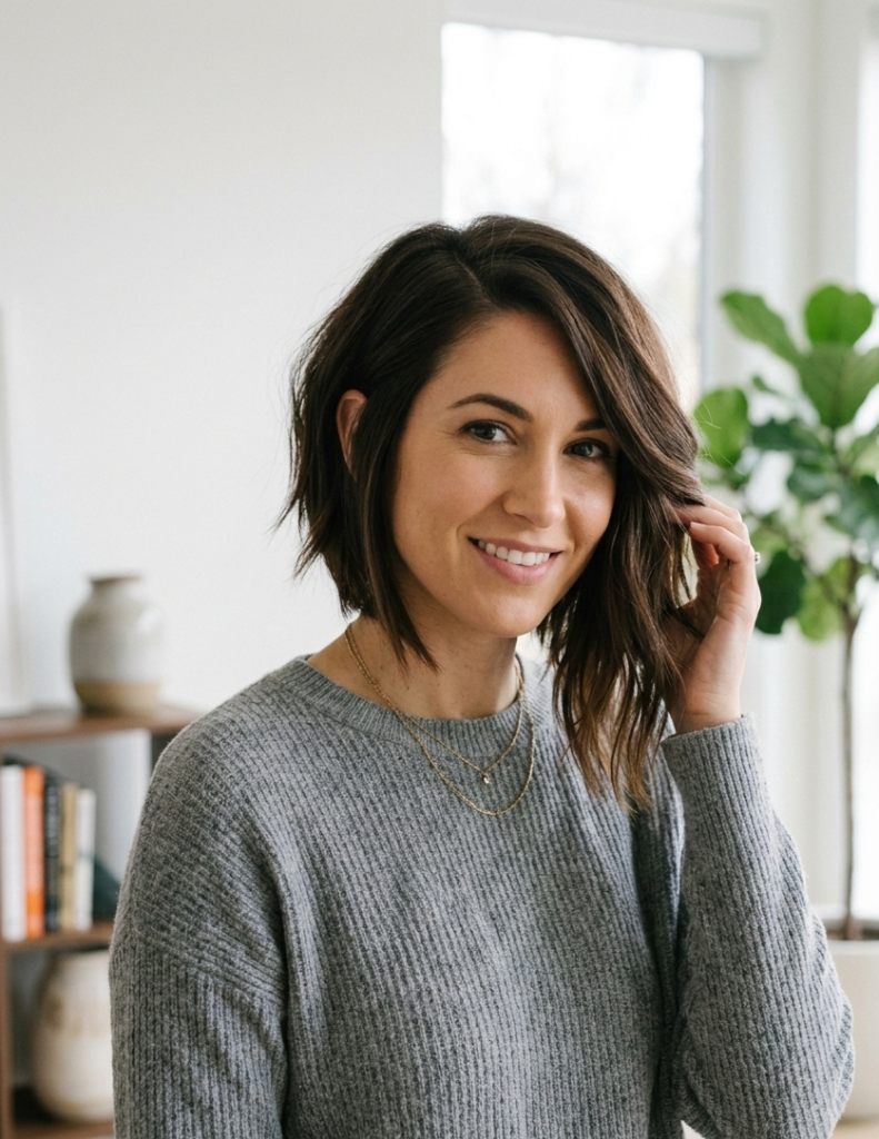 Asymmetrical bob haircut for round face