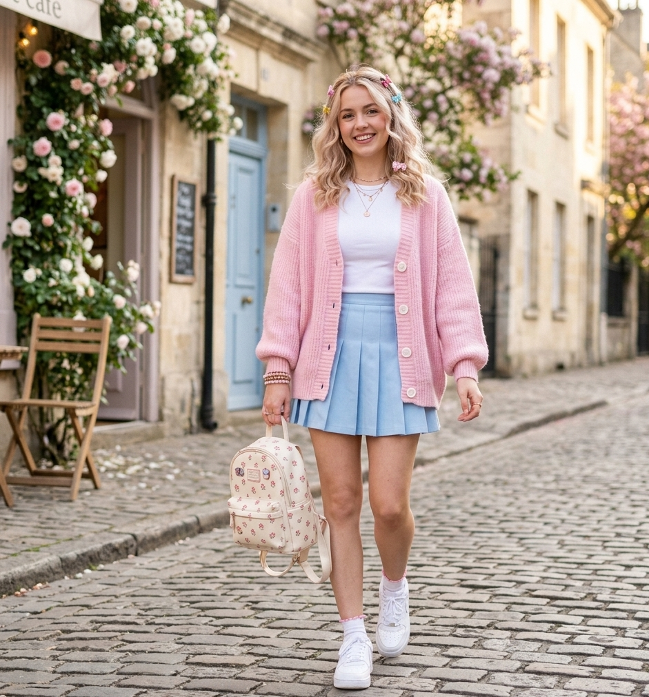 soft girl aesthetic outfits cardigan and skirt