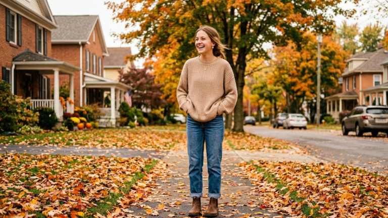 Teen girl wearing oversized sweater and jeans in a cozy fall setting