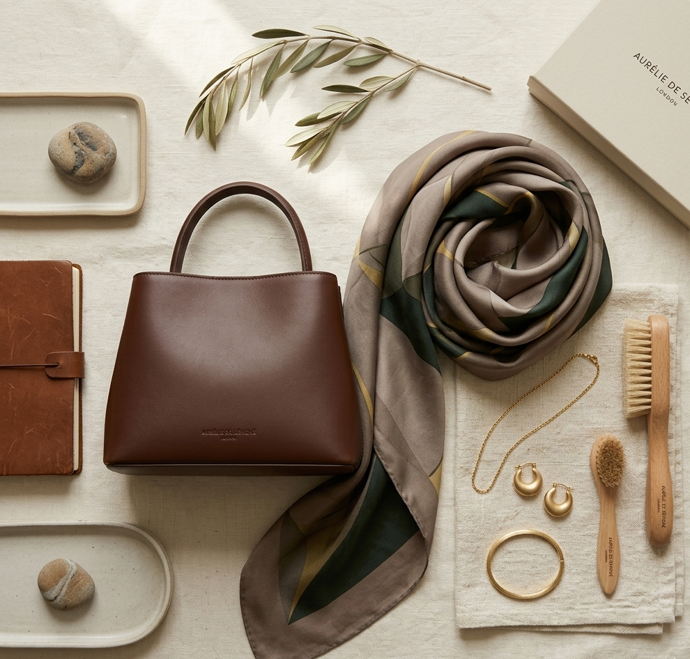 quiet luxury accessories leather handbag silk scarf