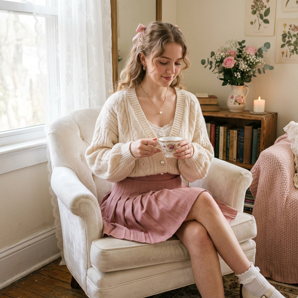 Feminine outfit featuring blouse with bow details and flowing skirt.