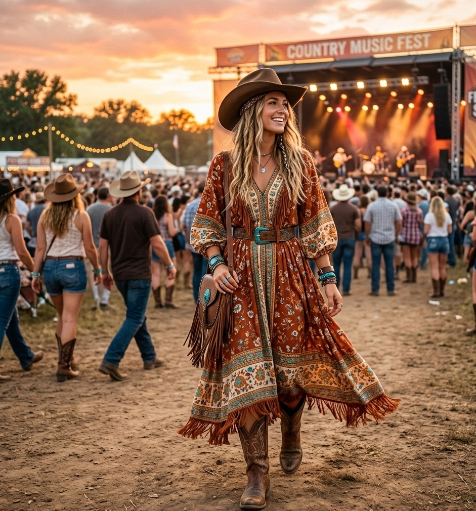flowy dress cowboy boots country concert outfit