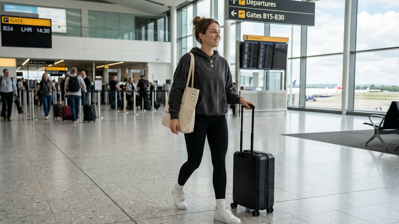 airport outfit ideas women hoodie leggings sneakers