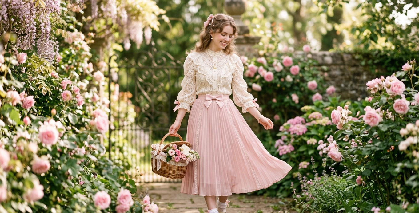 coquette aesthetic outfits lace blouse pink skirt