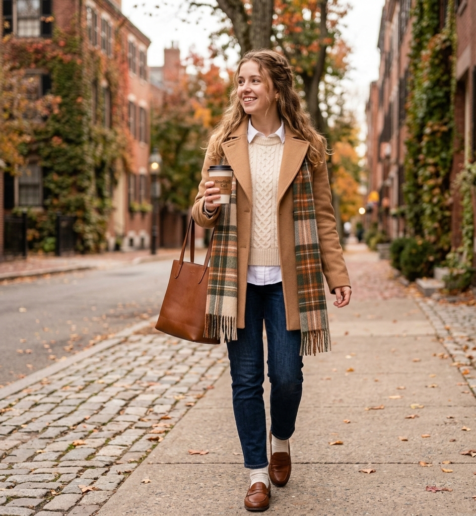Fall preppy outfit with cable knit sweater and coat