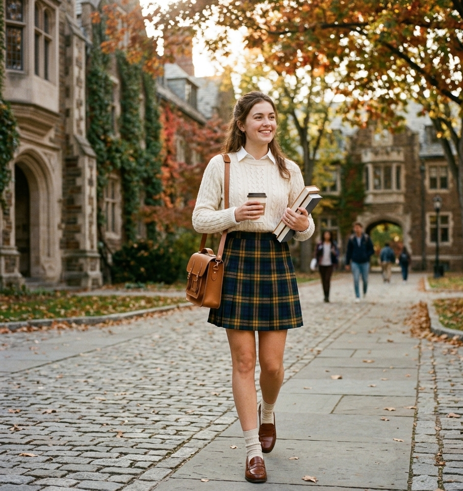 Preppy school outfit with plaid skirt and sweater