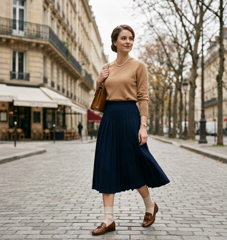 old money outfits women sweater pleated skirt style