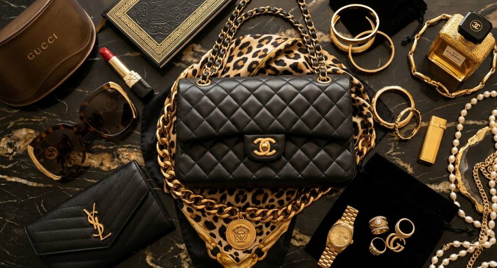 mob wife aesthetic accessories gold jewelry, sunglasses